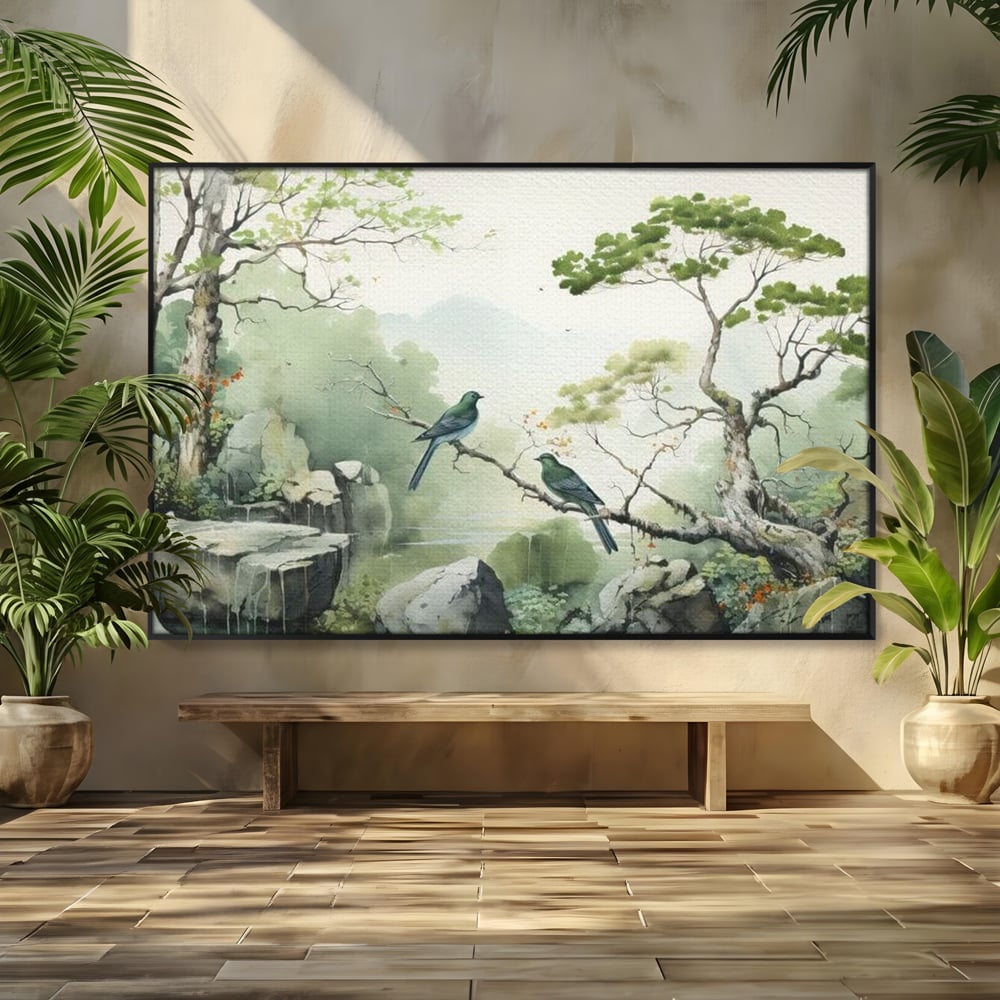 Tablou canvas cu tablou canvas cu pasari pe creanga si peisaj zen, in rama de aluminiu negru
